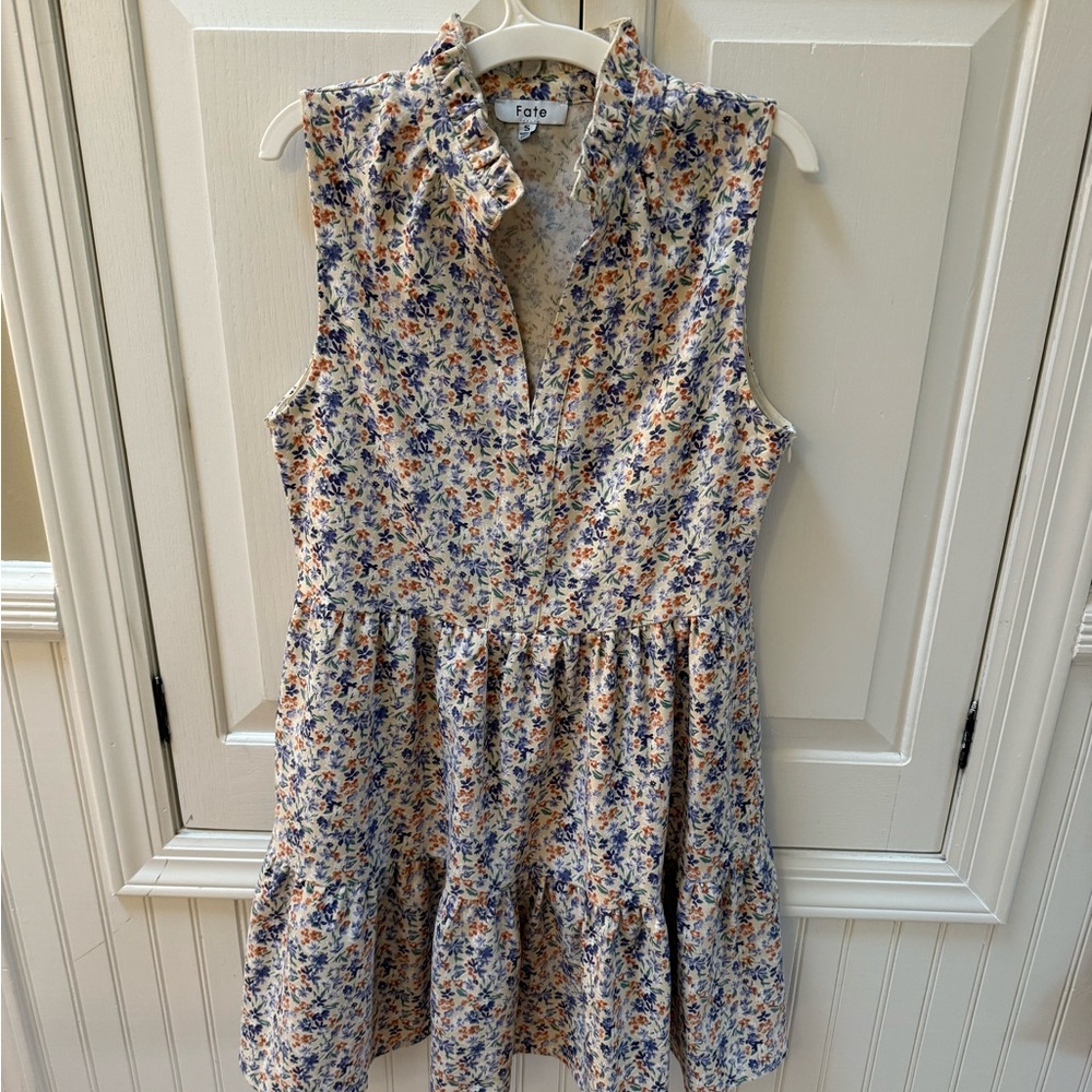 Fate Sleeveless Floral Tiered Dress in Cream, Blue, and Orange